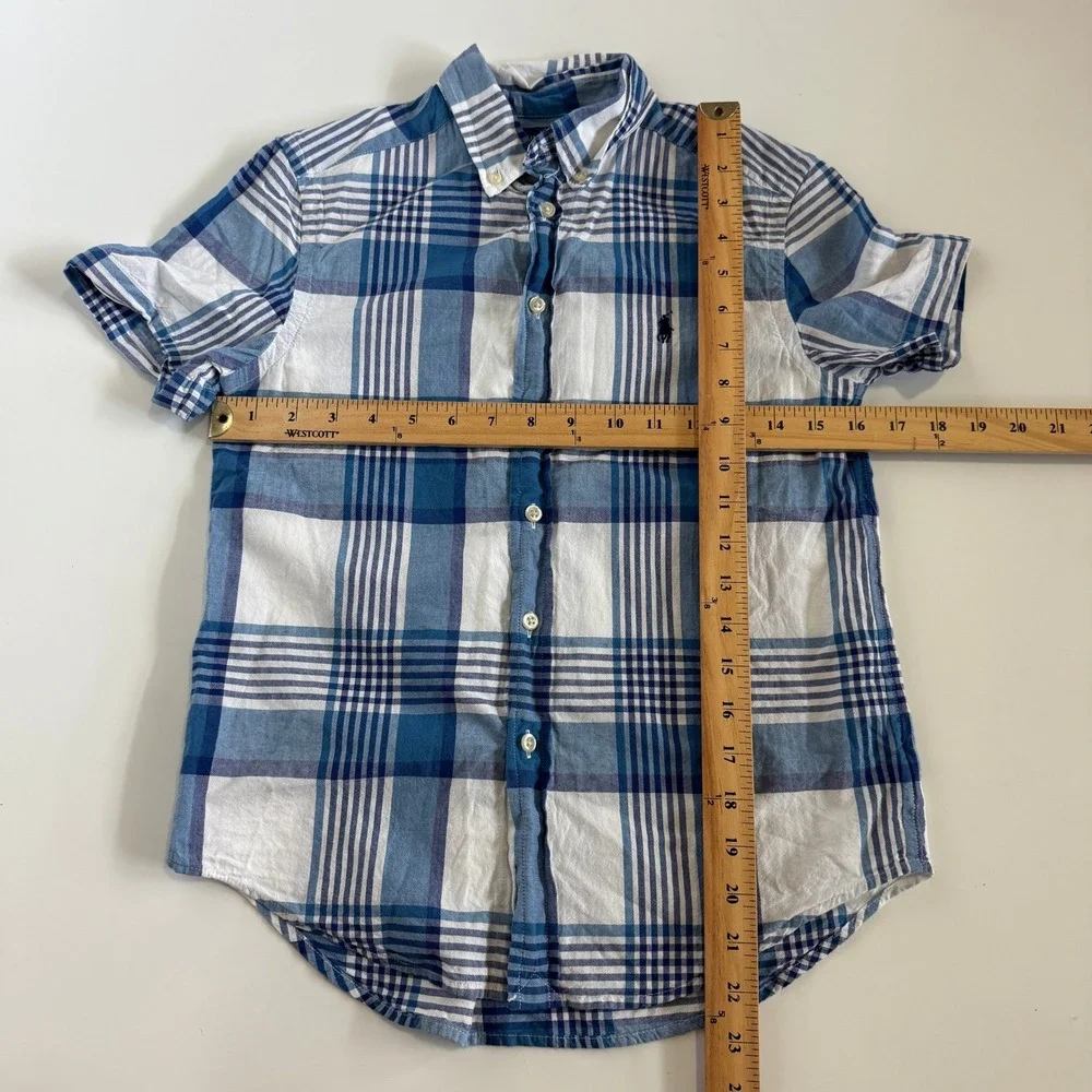 Ralph Lauren Boys Blue White Plaid Short Sleeve Button Down Shirt Size M 10-12